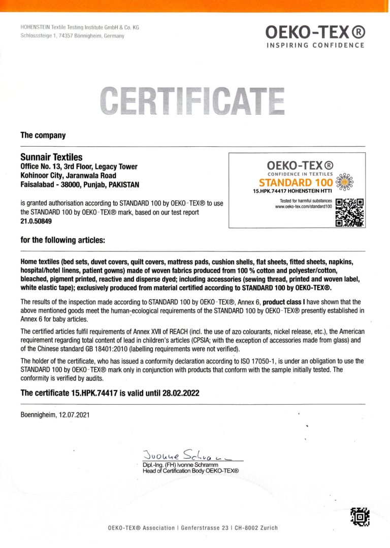 OEKO-TEX and ISO CERTIFICATION - Sunnair textiles